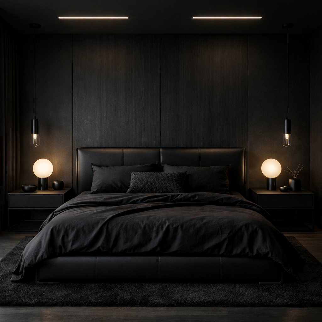 Stylish black bedroom featuring bold furniture and warm lighting.