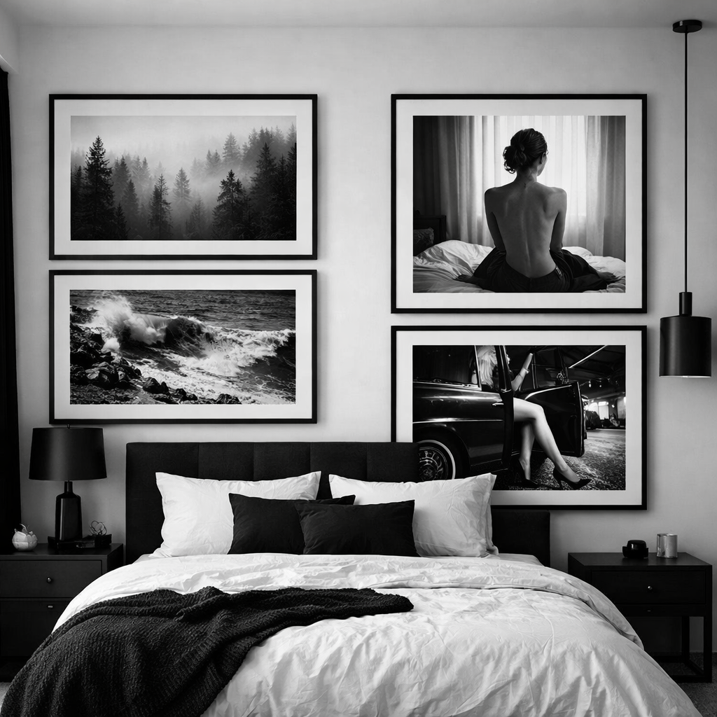 A stylish black and white bedroom with artistic photographs on the wall.