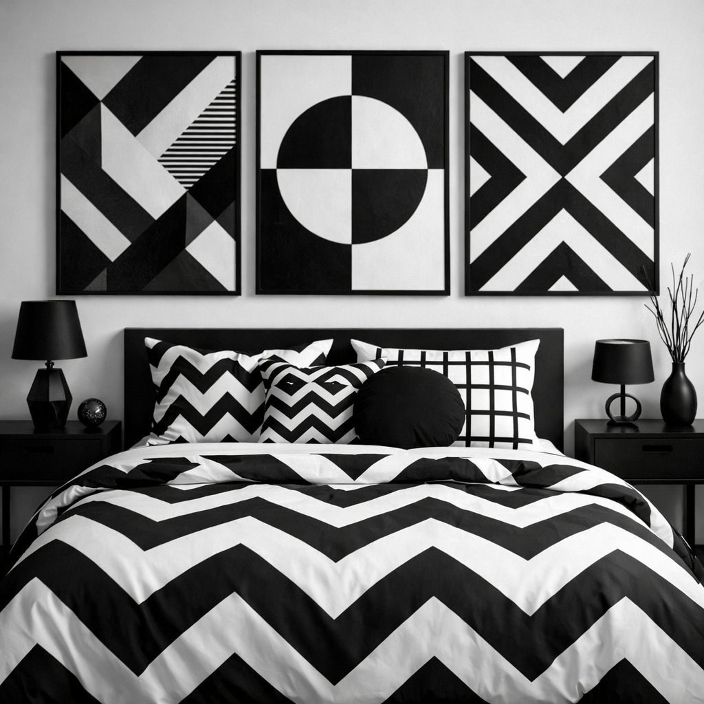 A black and white bedroom featuring bold geometric patterns in the decor, including bedding and wall art.