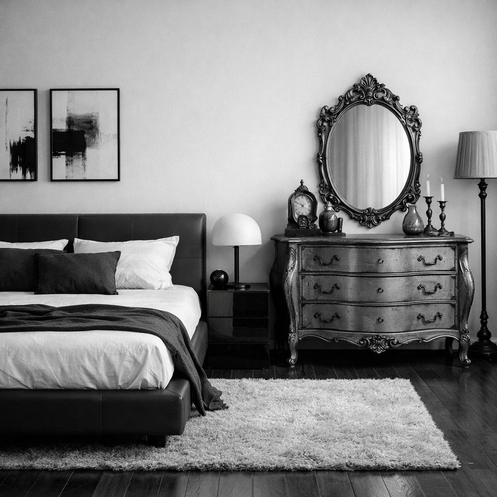 A black and white bedroom featuring a sleek bed, vintage dresser, ornate mirror, and soft rug.