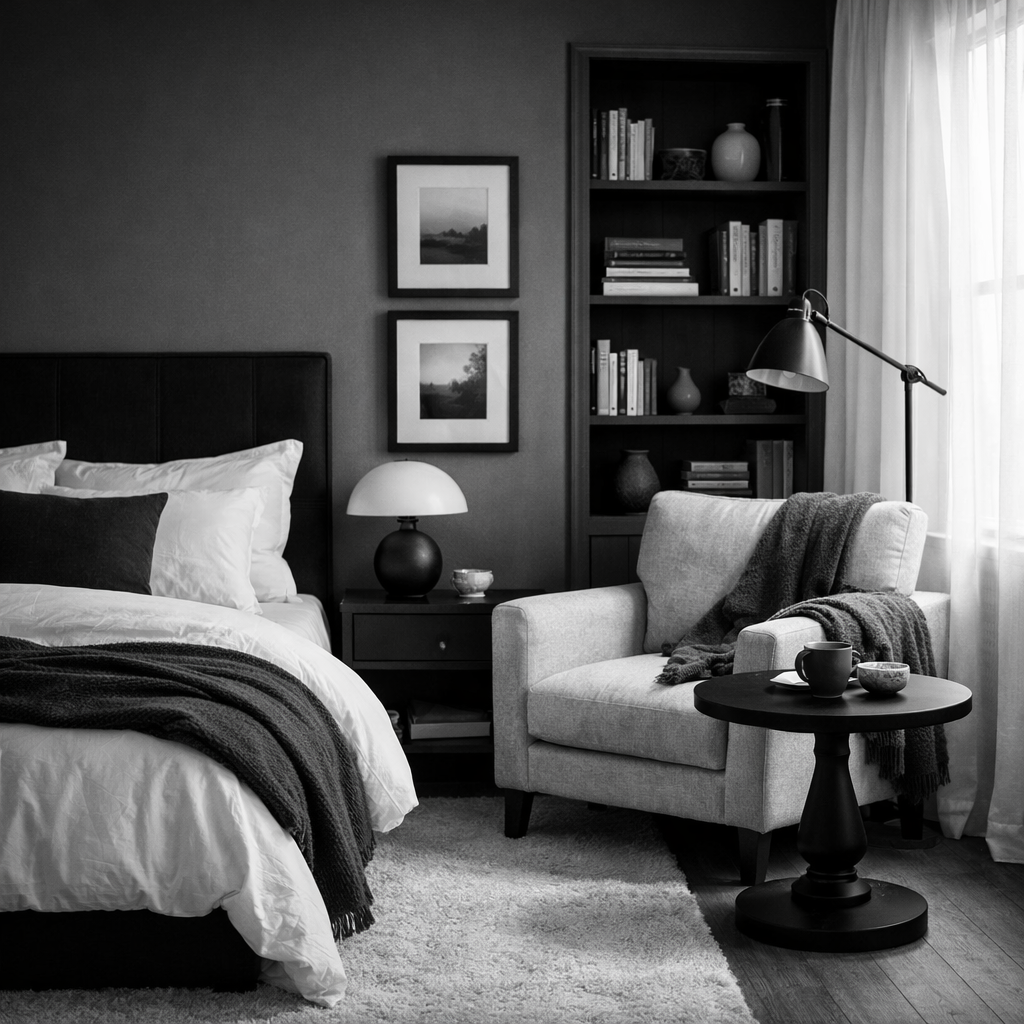 A cozy reading nook in a black and white themed bedroom with an armchair, bookshelves, and soft textiles.