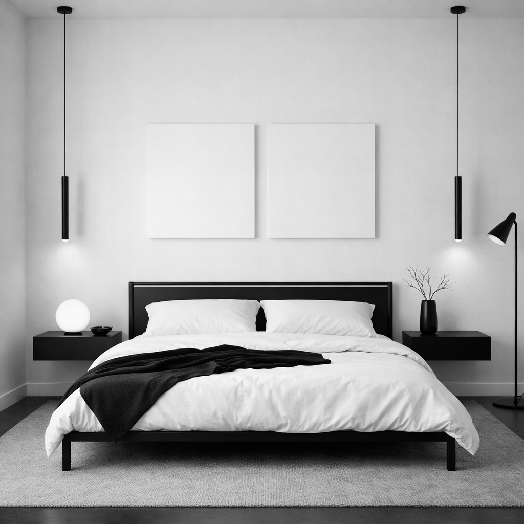 A minimalist black and white bedroom featuring a black bed, white bedding, and simple decor.