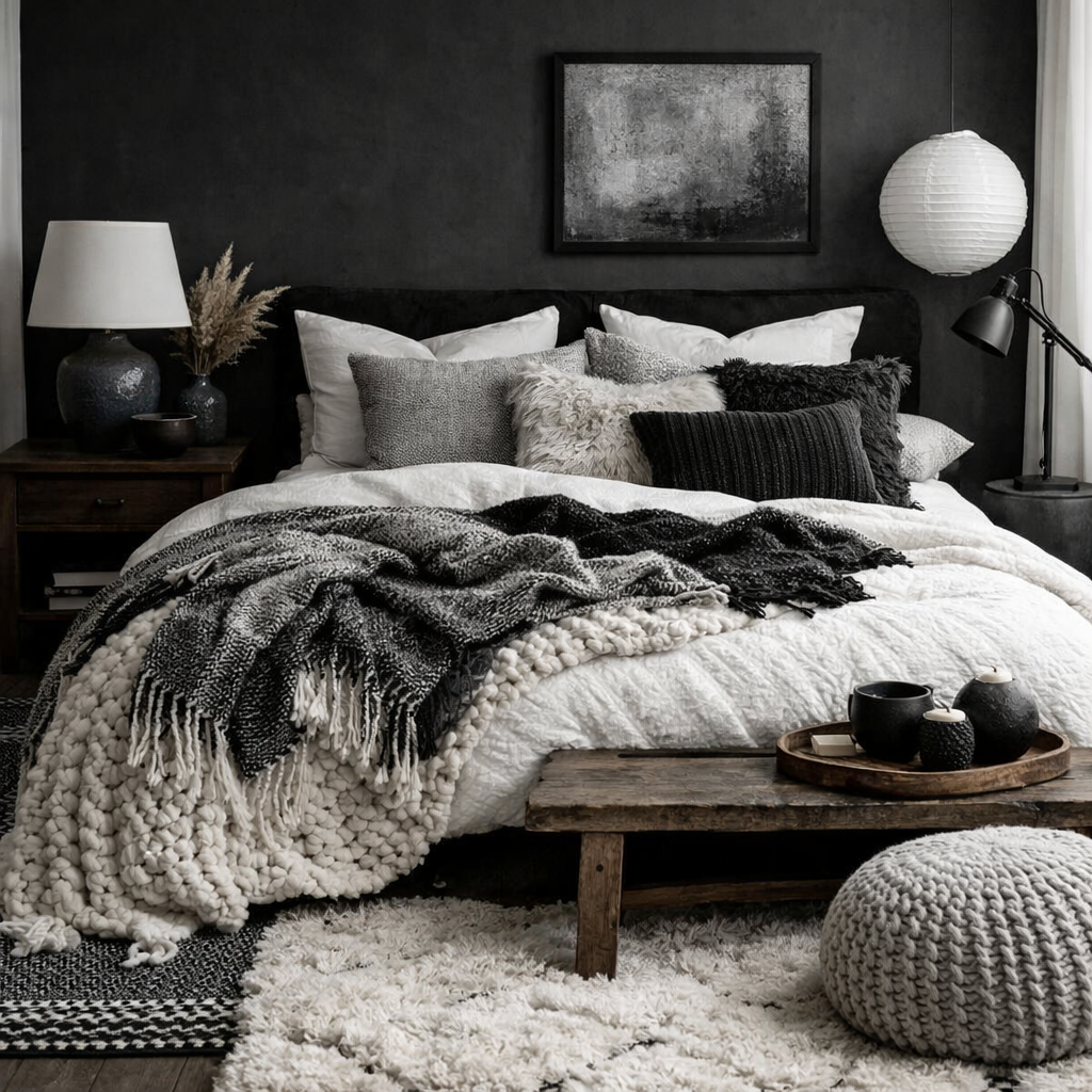 A cozy black and white bedroom featuring a layered bed with various textures and fabrics, complemented by a rustic wooden table and soft rugs.