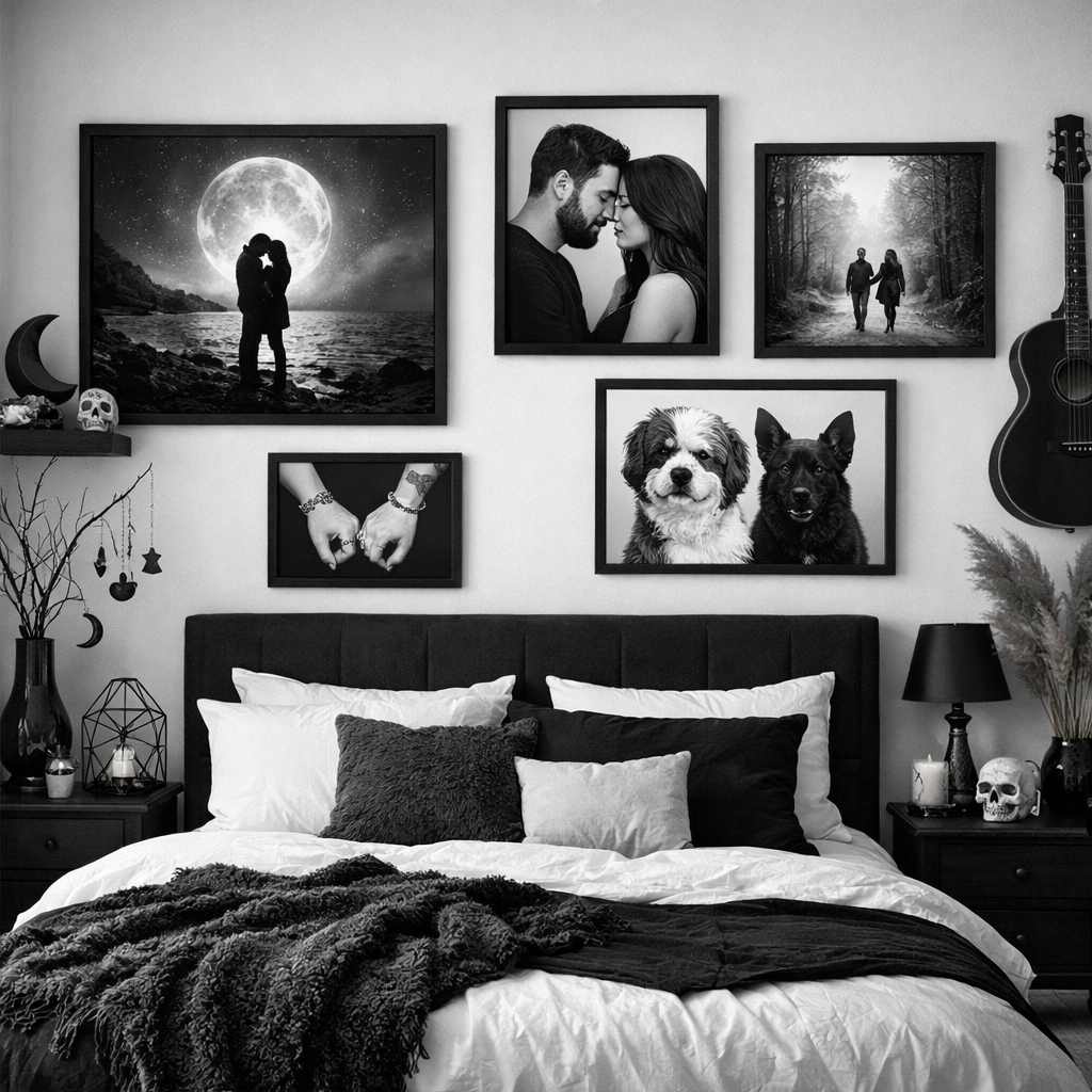 A cozy black and white bedroom featuring personalized artwork displays including a couple, pets, and hands.