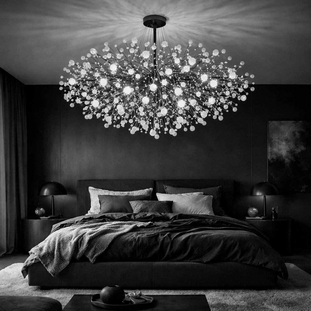 A stylish black and white bedroom featuring a bold chandelier and lamps.