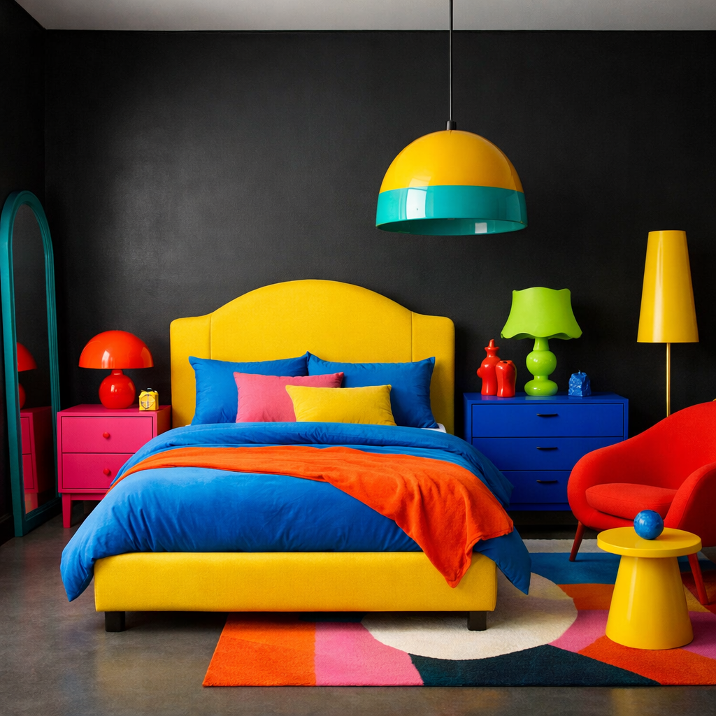 A vibrant bedroom with a black wall, featuring a yellow bed, colorful pillows, a blue dresser, and playful accent furniture.