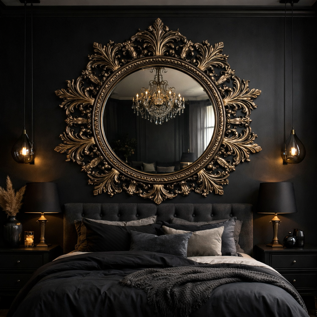 A beautifully designed black wall bedroom featuring an ornate gold mirror, elegant lighting, and a cozy bed setup.