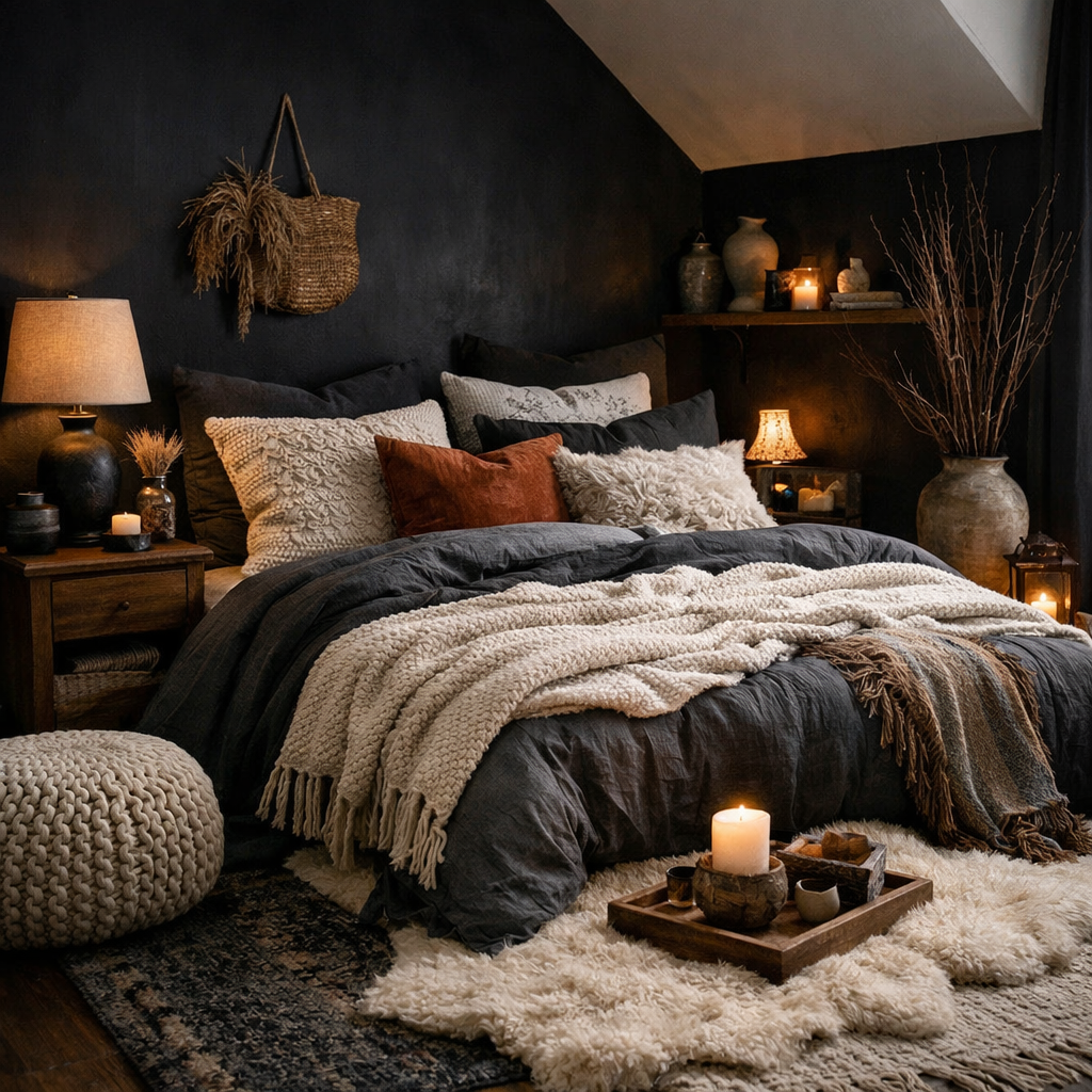 Cozy black wall bedroom with layered textures including soft blankets and decorative pillows.
