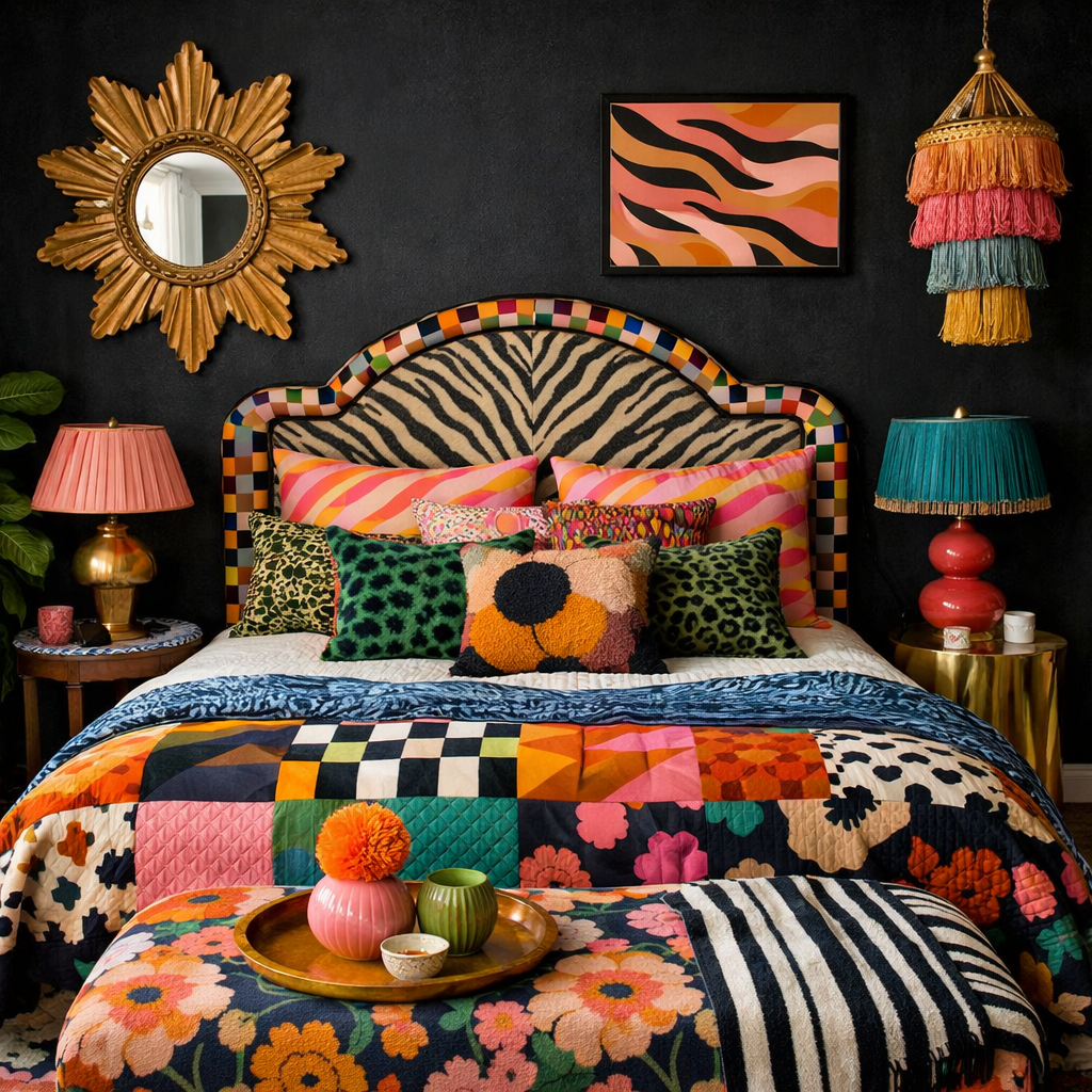 A vibrant black wall bedroom featuring a colorful bed with mixed patterns of pillows and quilts, decorative lamps, and a sunburst mirror.