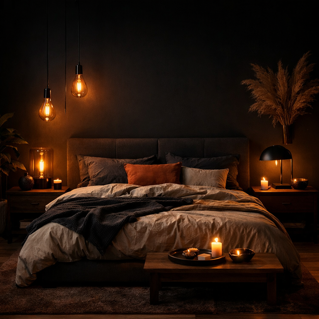 A cozy bedroom with black walls, mood lighting, and decorative elements.