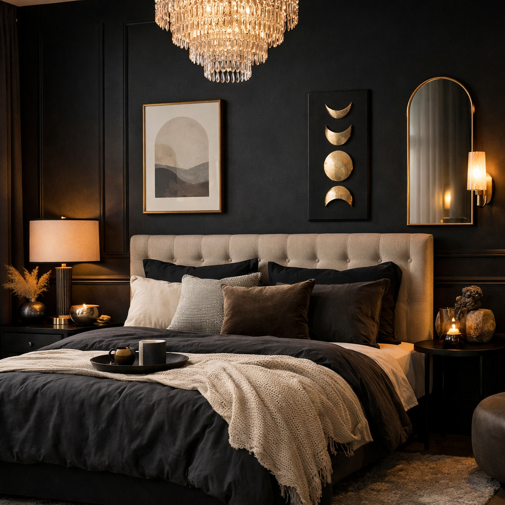 Elegant bedroom with black accent wall, plush headboard, stylish decor, and warm lighting.