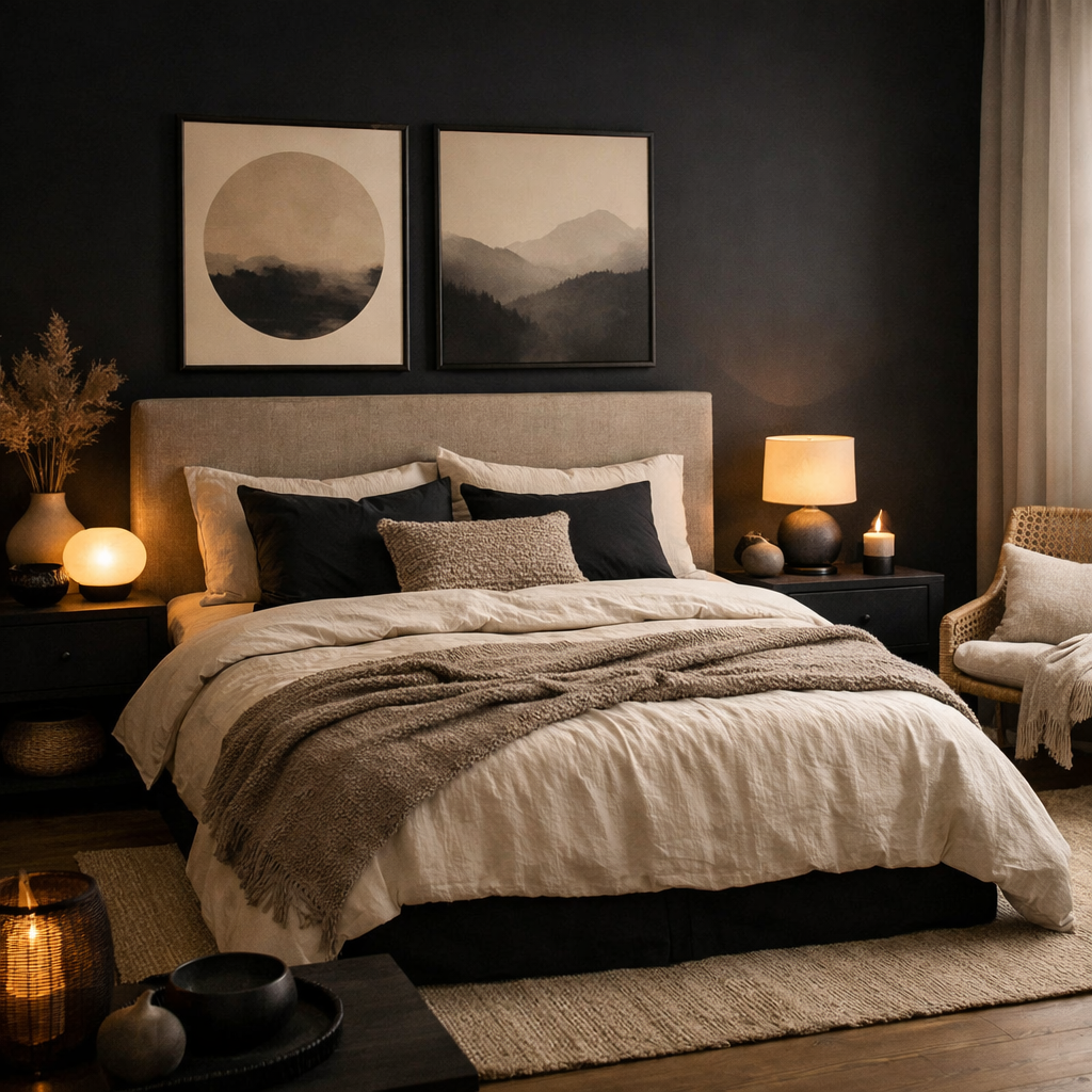 A cozy black and beige bedroom featuring a comfortable bed with soft linens and warm lighting