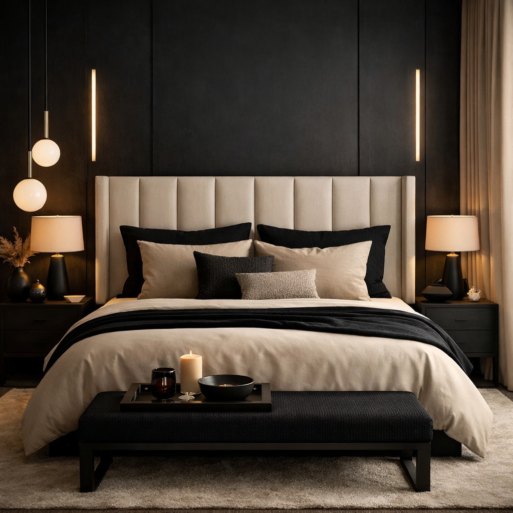 A beautifully designed bedroom featuring a black and beige color palette, elegant headboard, and soft lighting.
