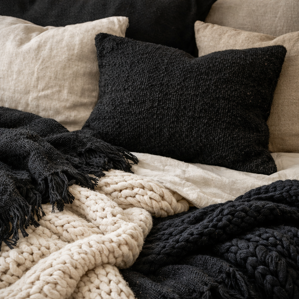 A cozy arrangement of black and beige textured pillows and blankets on a bed.