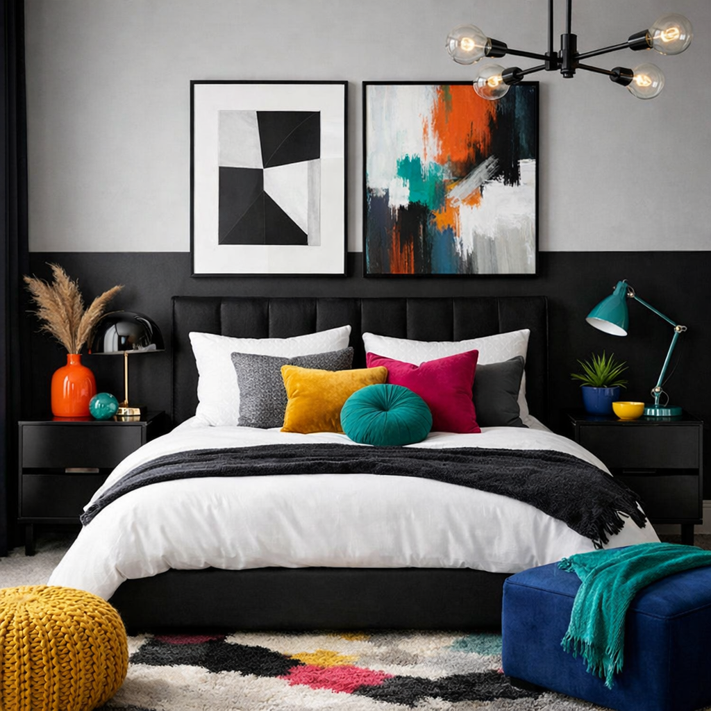 A stylish black, white, and grey bedroom with colorful accent pillows, artwork, and decor.