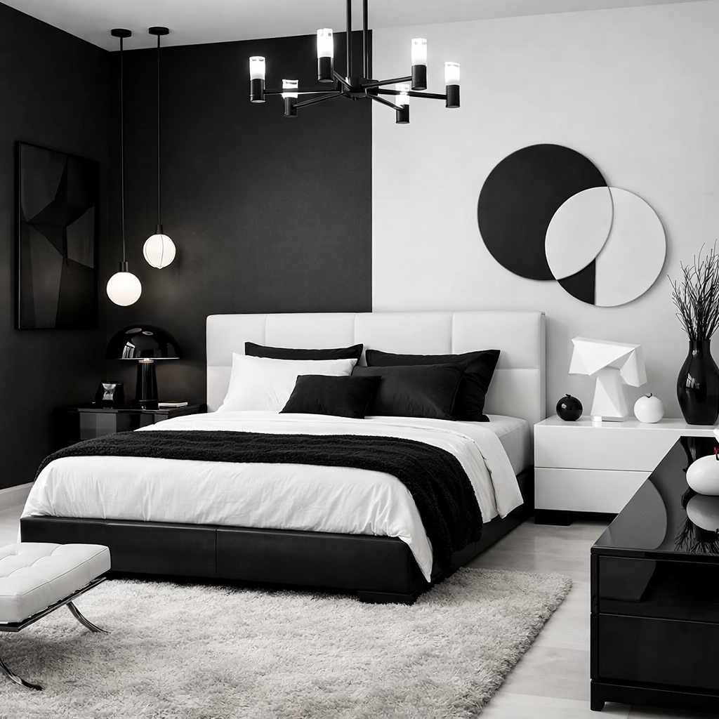 A stylish black and white bedroom featuring a modern bed, contrasting furniture, and decorative accents.