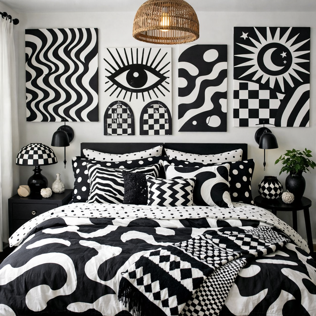 A stylish bedroom featuring eclectic black and white patterns, showcasing bold designs, pillows, and wall art.