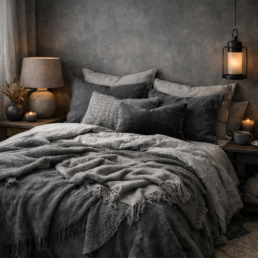 A cozy bedroom featuring layered grey textures with pillows, blankets, and soft lighting.