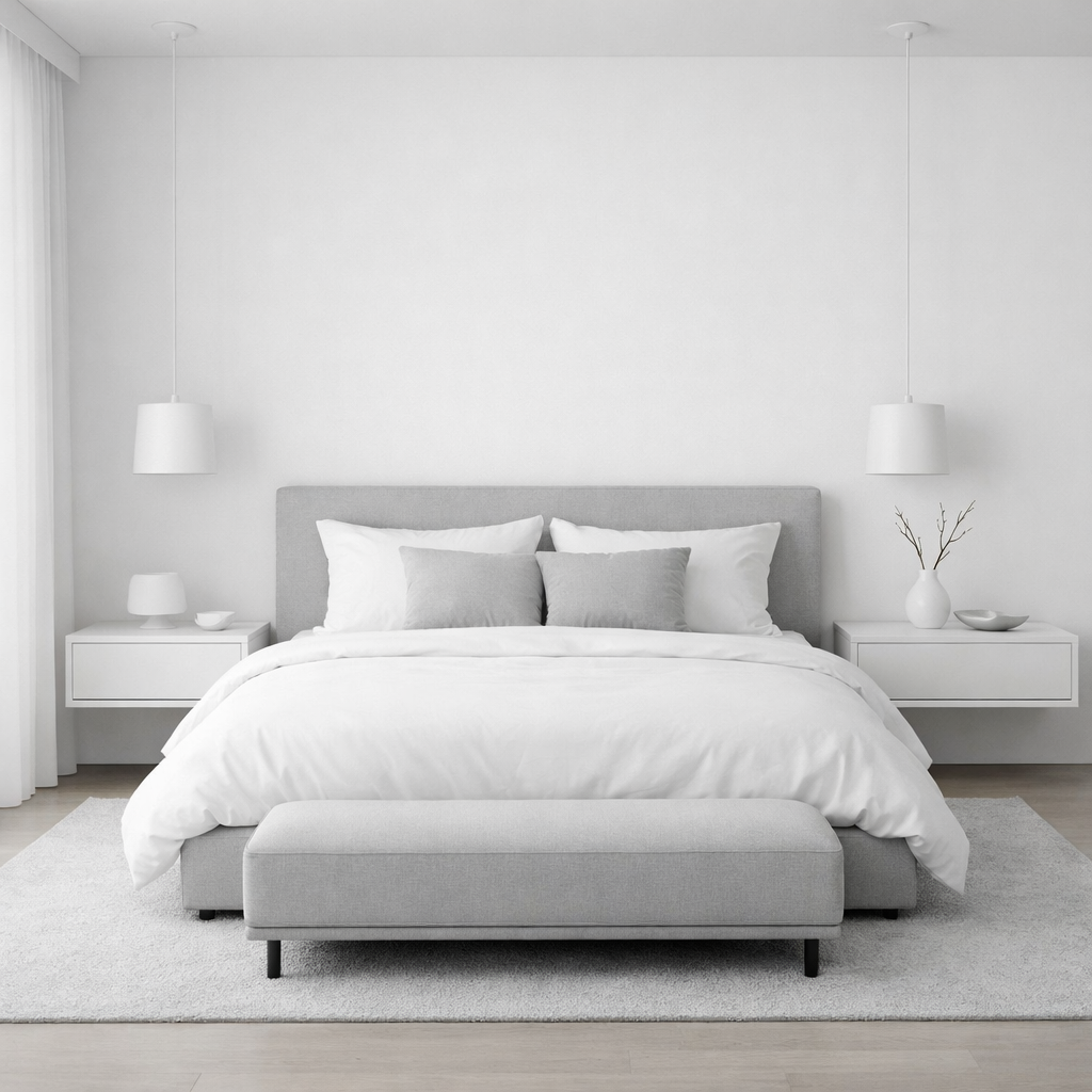 A minimalist bedroom design featuring a grey bed, white bedding, and simple decor.