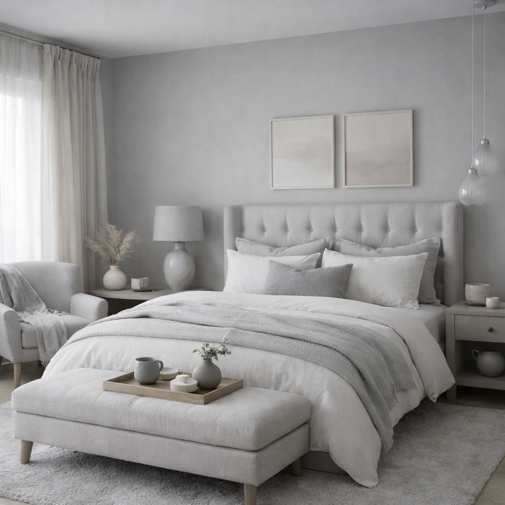 Modern bedroom with soft grey tones, featuring plush bedding, a stylish headboard, and gentle lighting.