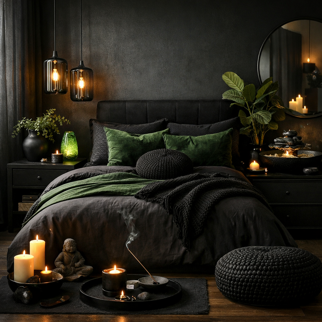 A beautifully decorated black and green bedroom with a cozy bed, candles, and plants.