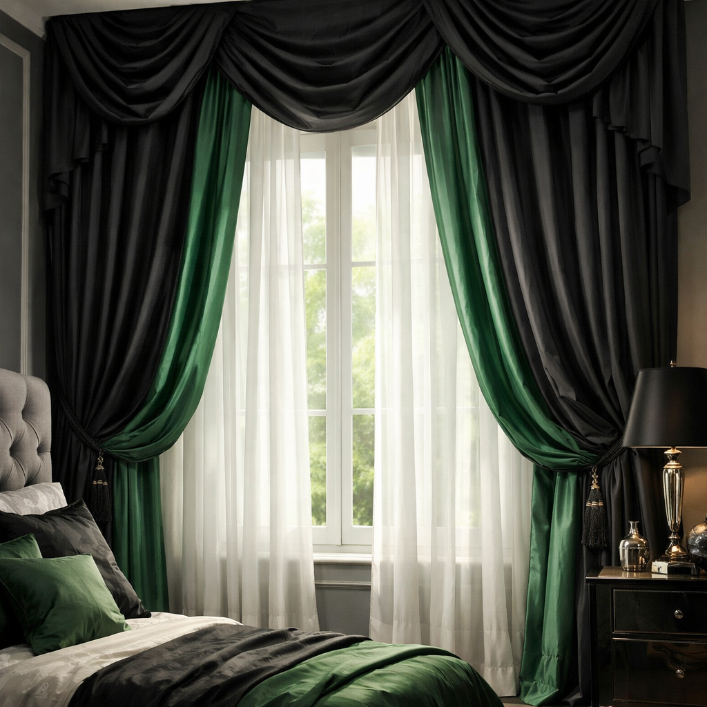 Luxurious black and green curtains draped around a window in a stylish bedroom setting