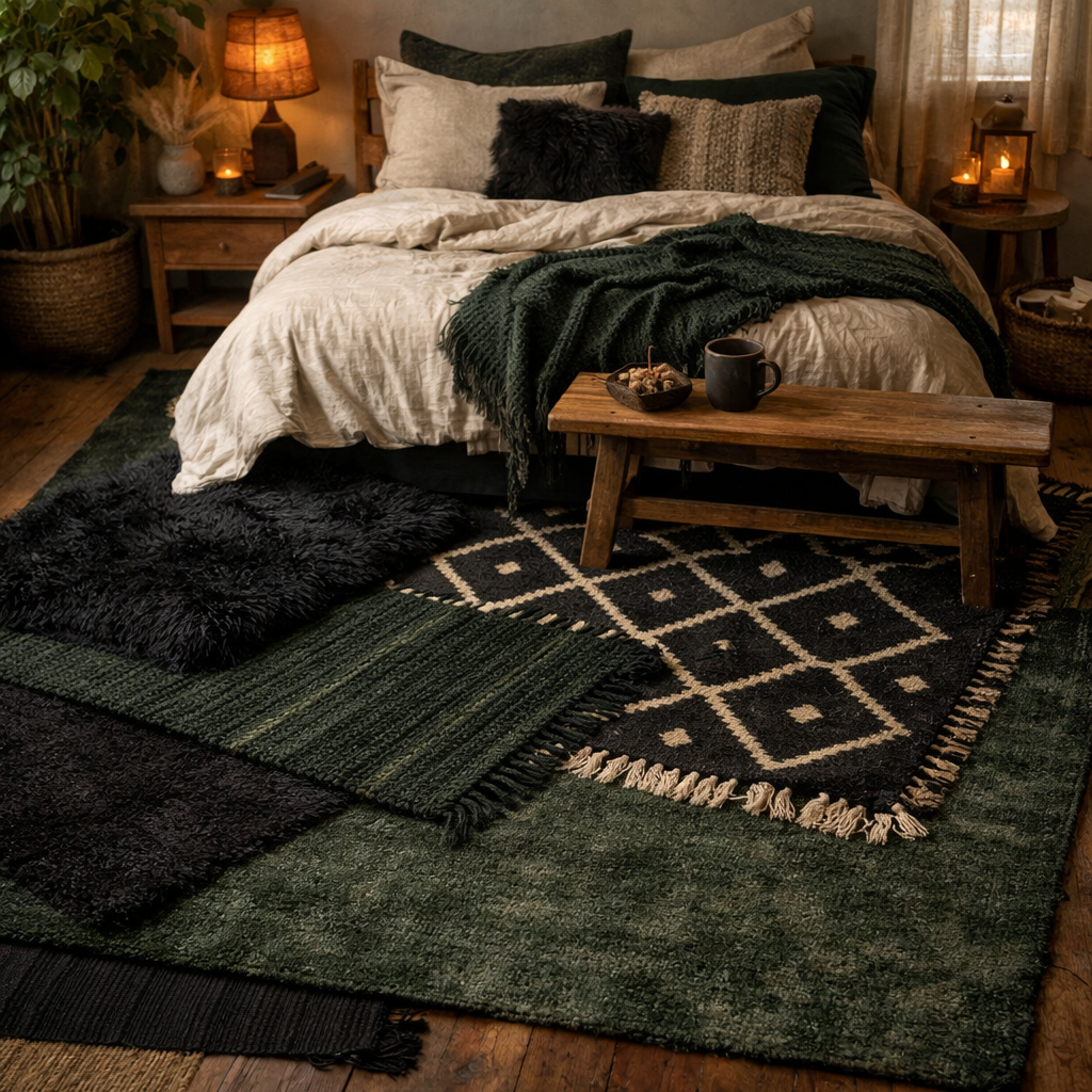 A cozy black and green bedroom featuring layered rugs for depth and warmth
