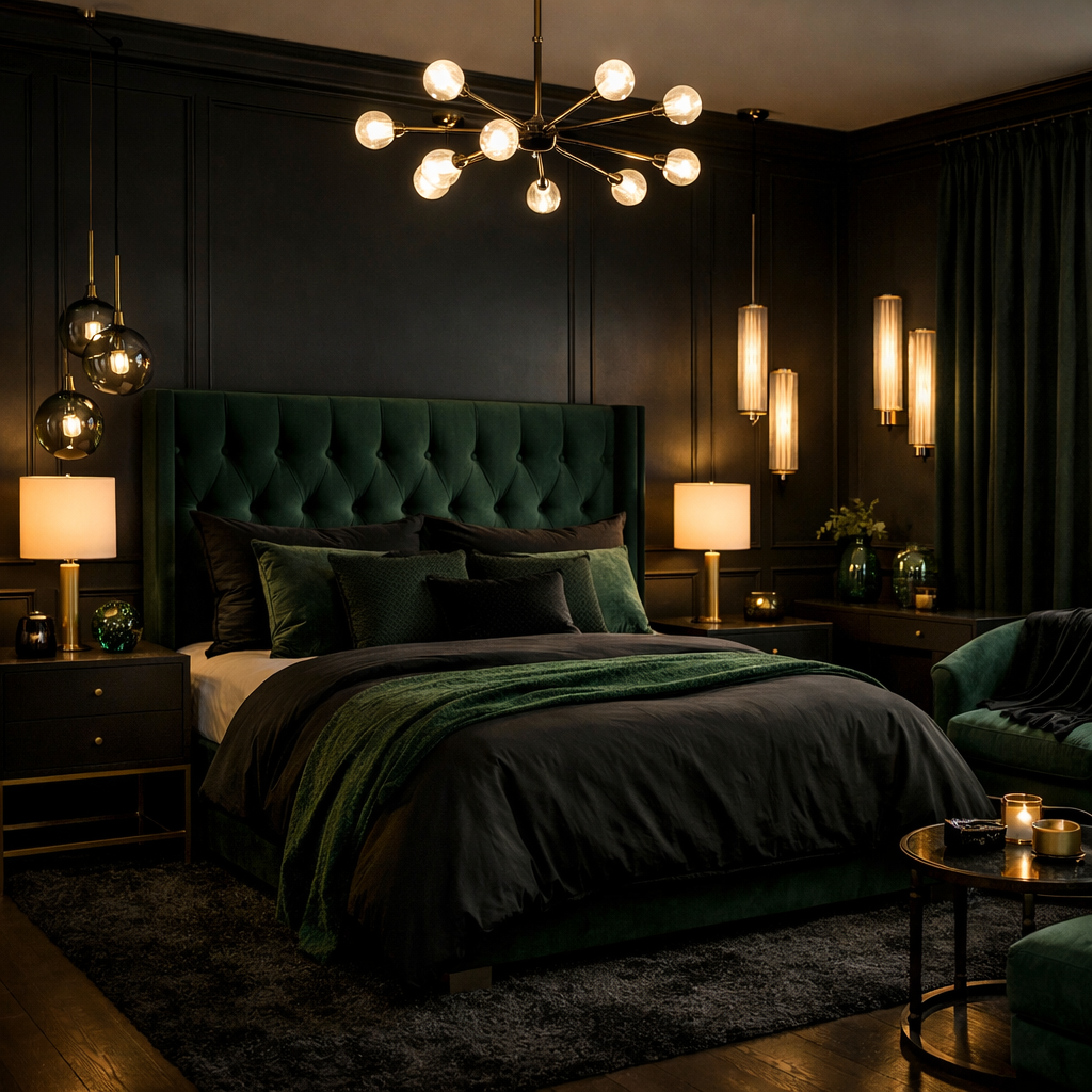 Luxurious black and green bedroom with elegant lighting fixtures