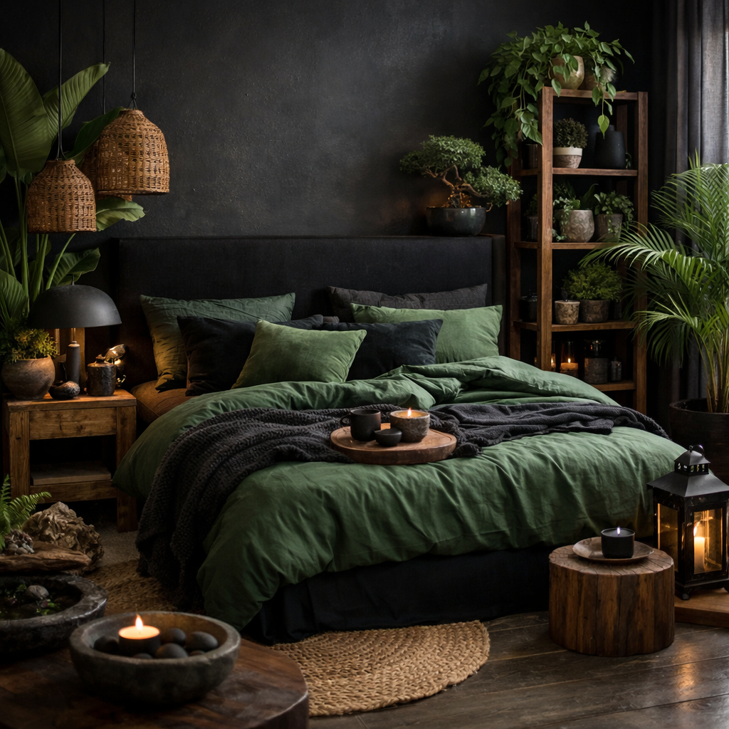 A cozy bedroom featuring dark walls, green bedding, and various plants, creating a serene atmosphere.