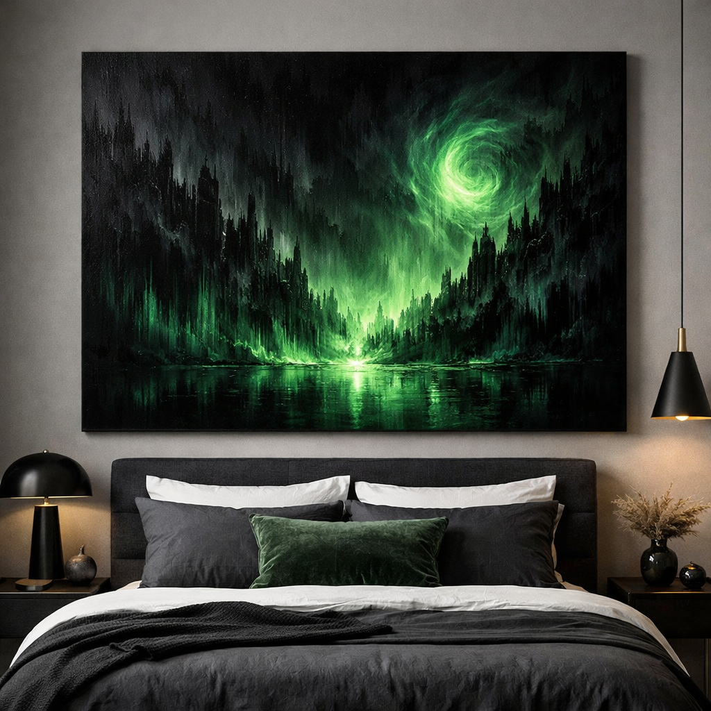 A striking piece of wall art in green and black colors, set above a stylish bed.