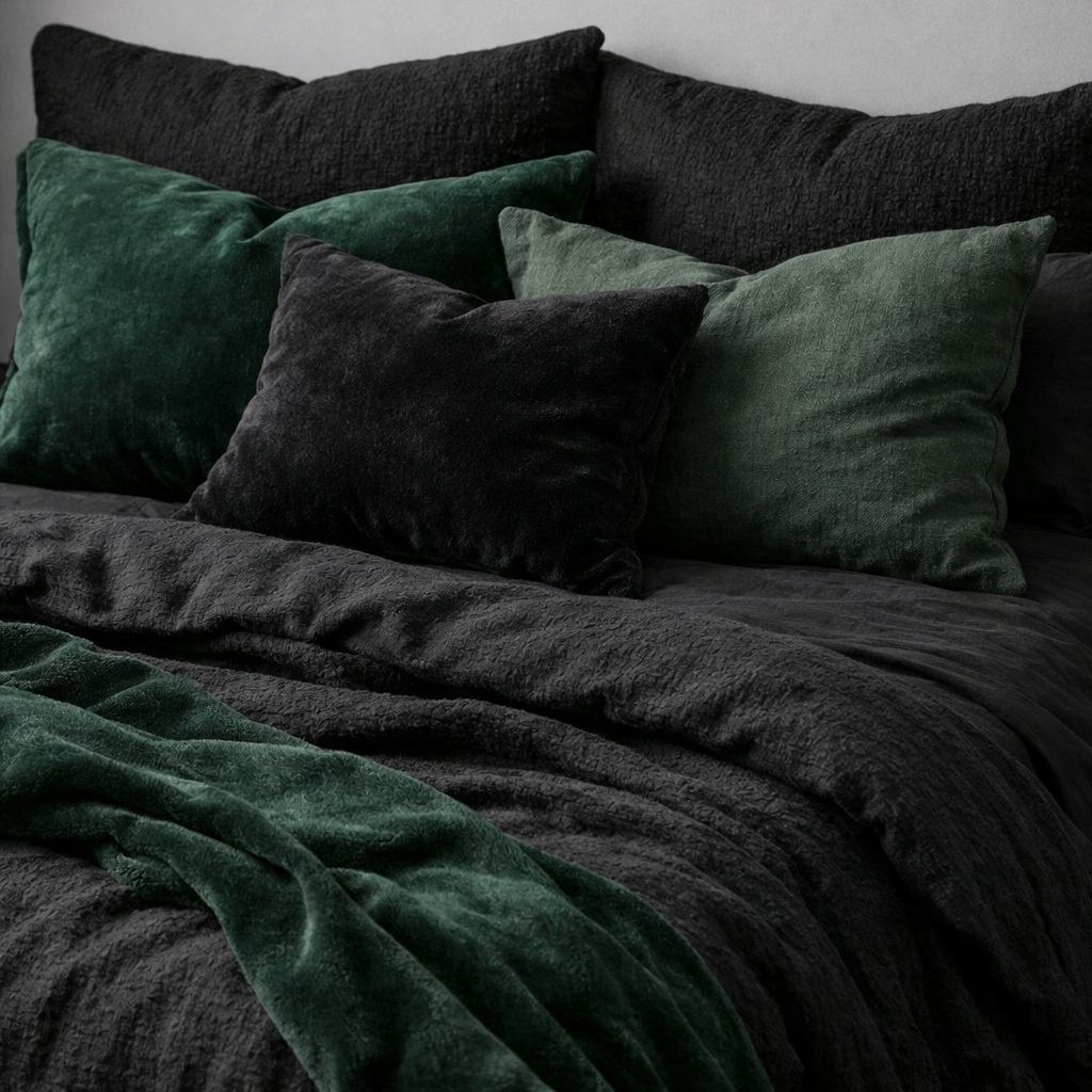 A cozy black and green textured bedding arrangement with cushions and a soft throw blanket.