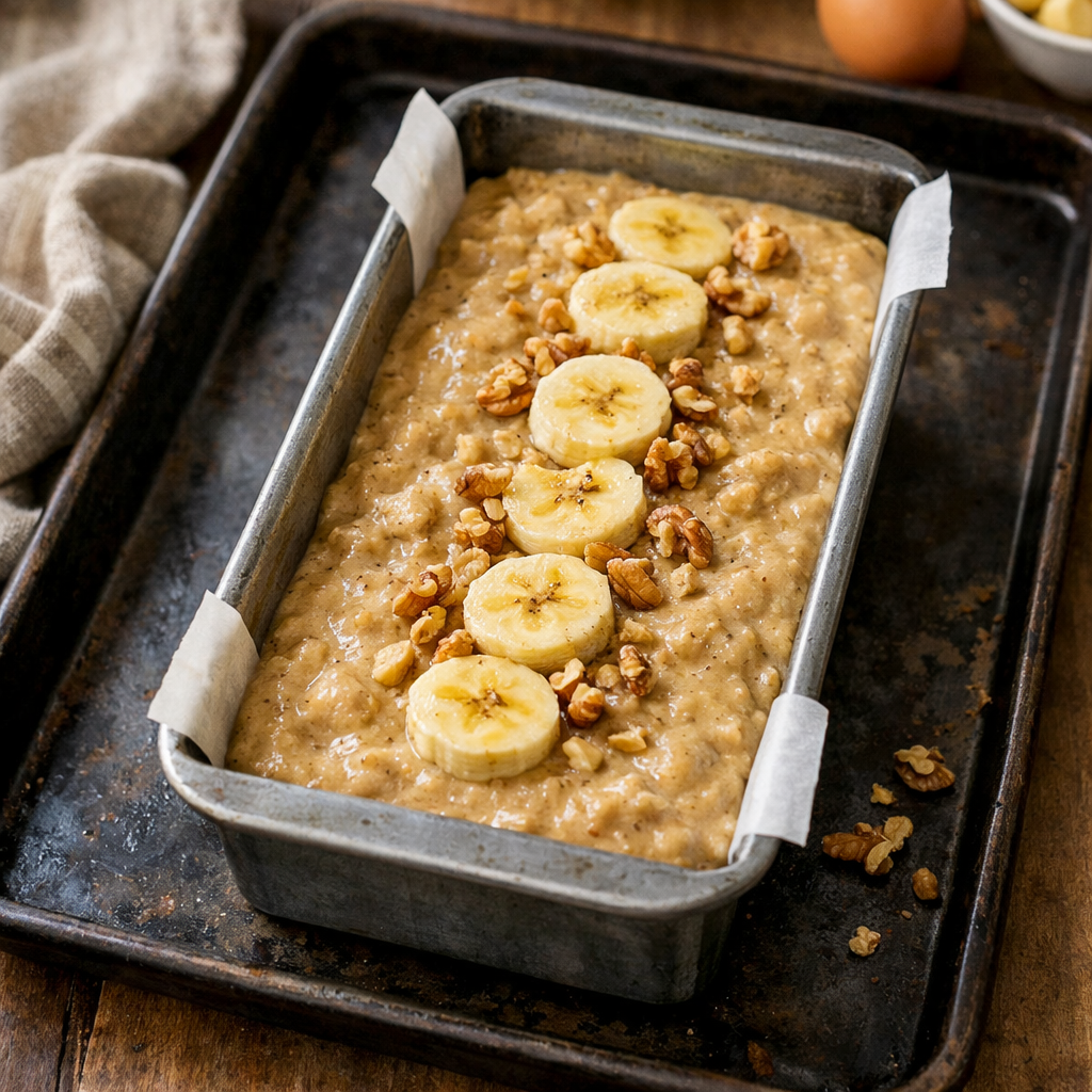 A pan of banana bread batter topped with sliced bananas and walnuts, ready for baking.