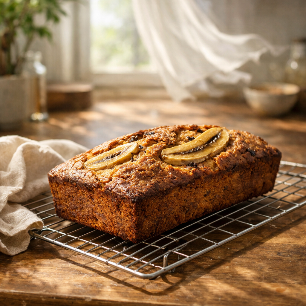 Freshly baked banana bread cooling on a wire rack.