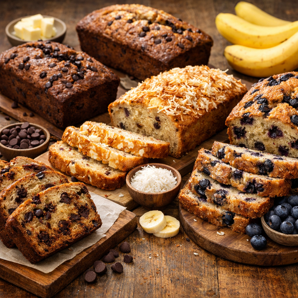 Various loaves of banana bread with different toppings and flavors including chocolate, coconut, and blueberries, accompanied by bananas and chocolate chips.