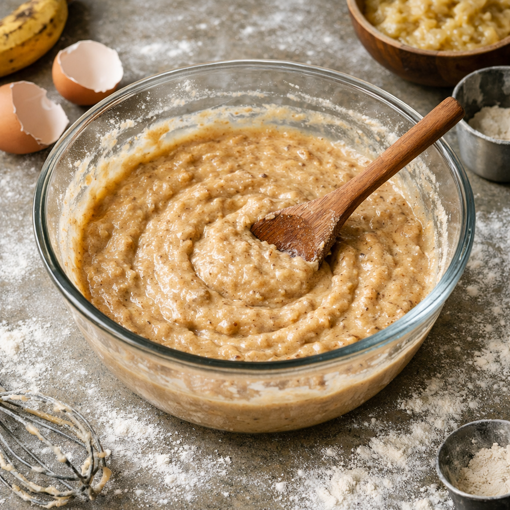 Mixing banana bread batter in a glass bowl