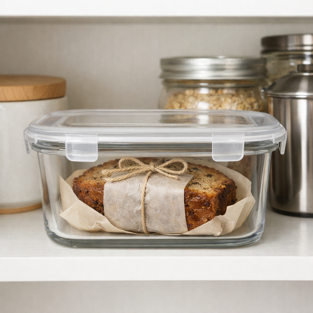 A loaf of banana bread stored in a glass container with a lid, wrapped in parchment paper.