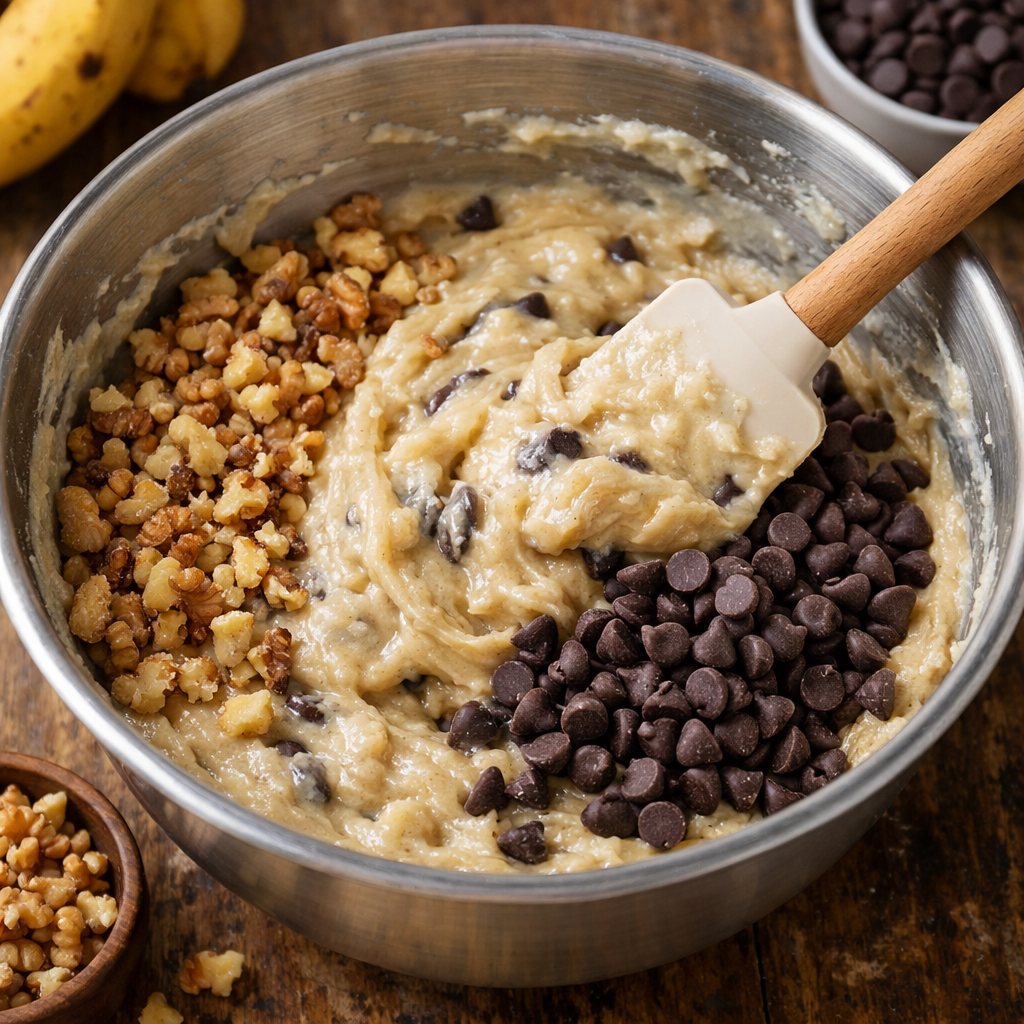 Mixing banana bread batter with chopped walnuts and chocolate chips.