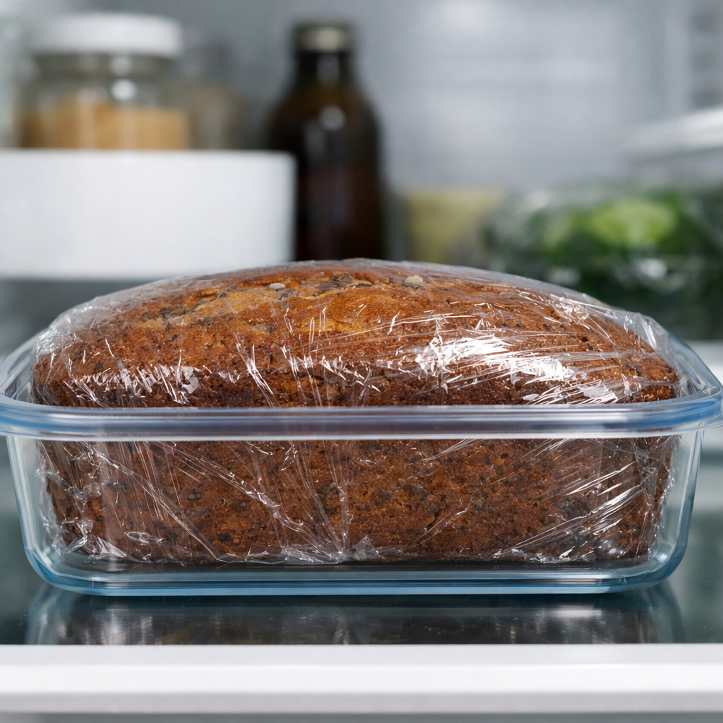 Banana bread wrapped in plastic and stored in a container in the fridge