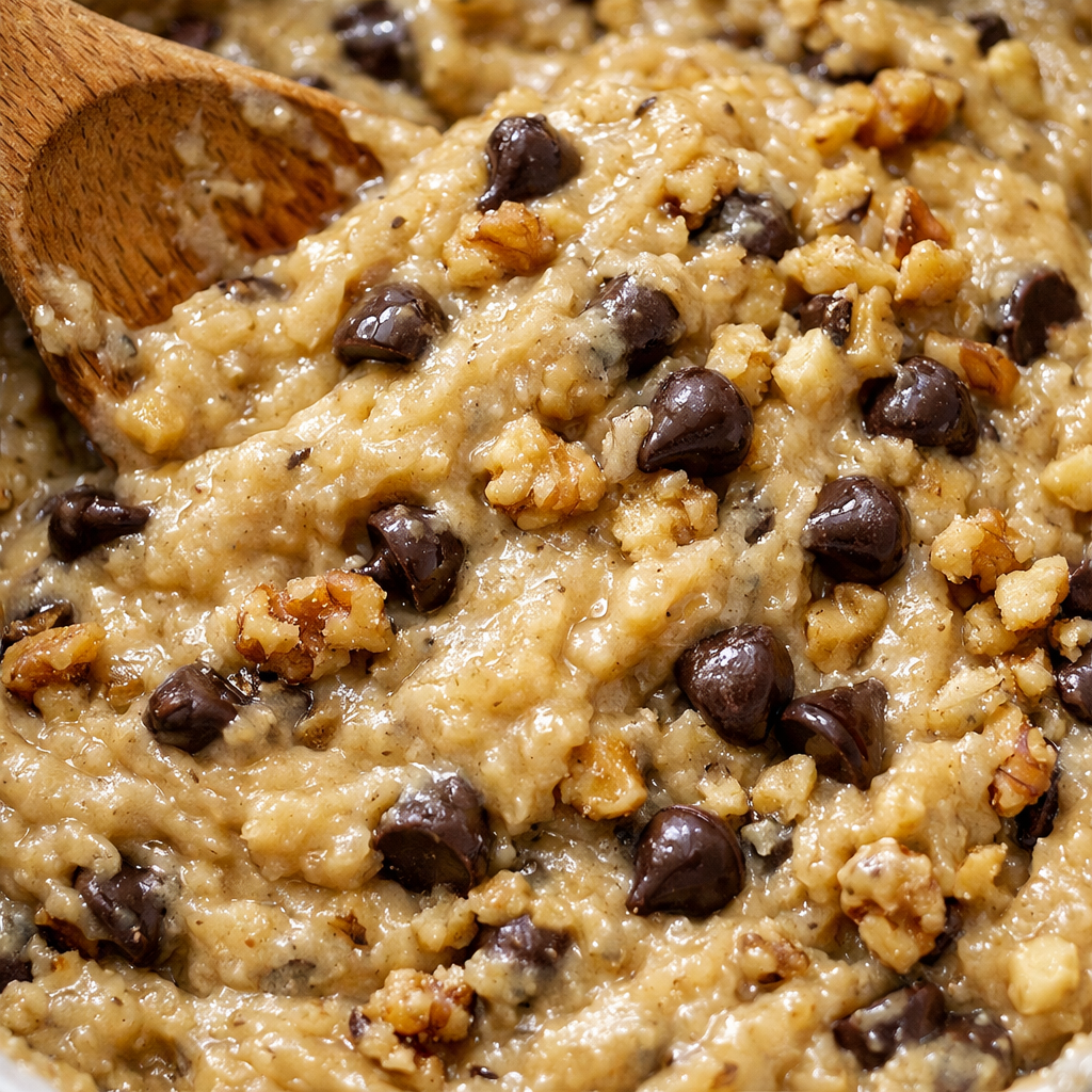 Banana bread batter with nuts and chocolate chips