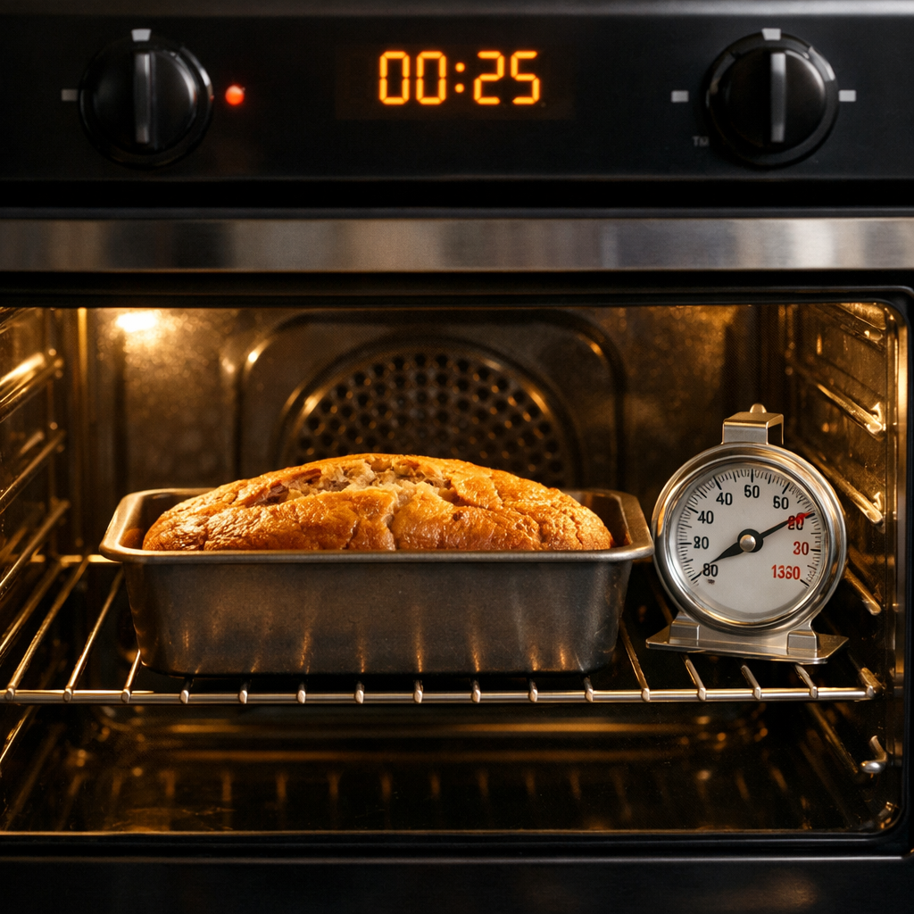 A loaf of banana bread baking in the oven, with a timer and thermometer visible.