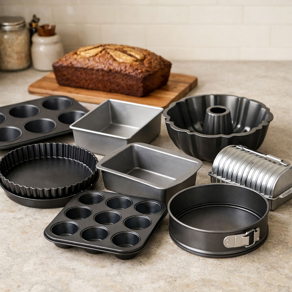 Various baking pans with a loaf of banana bread on a wooden cutting board