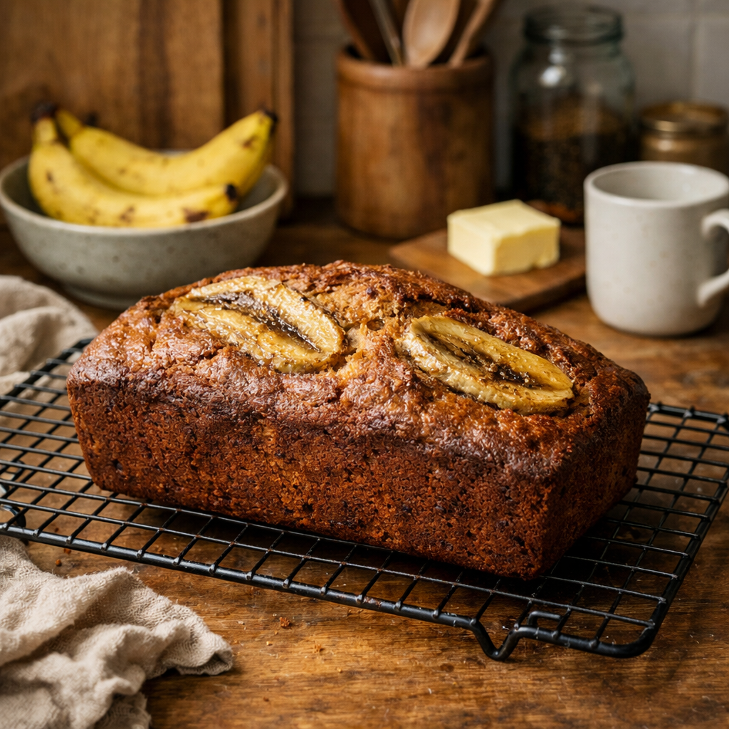 Freshly baked banana bread cooling on a wire rack with several bananas in the background.