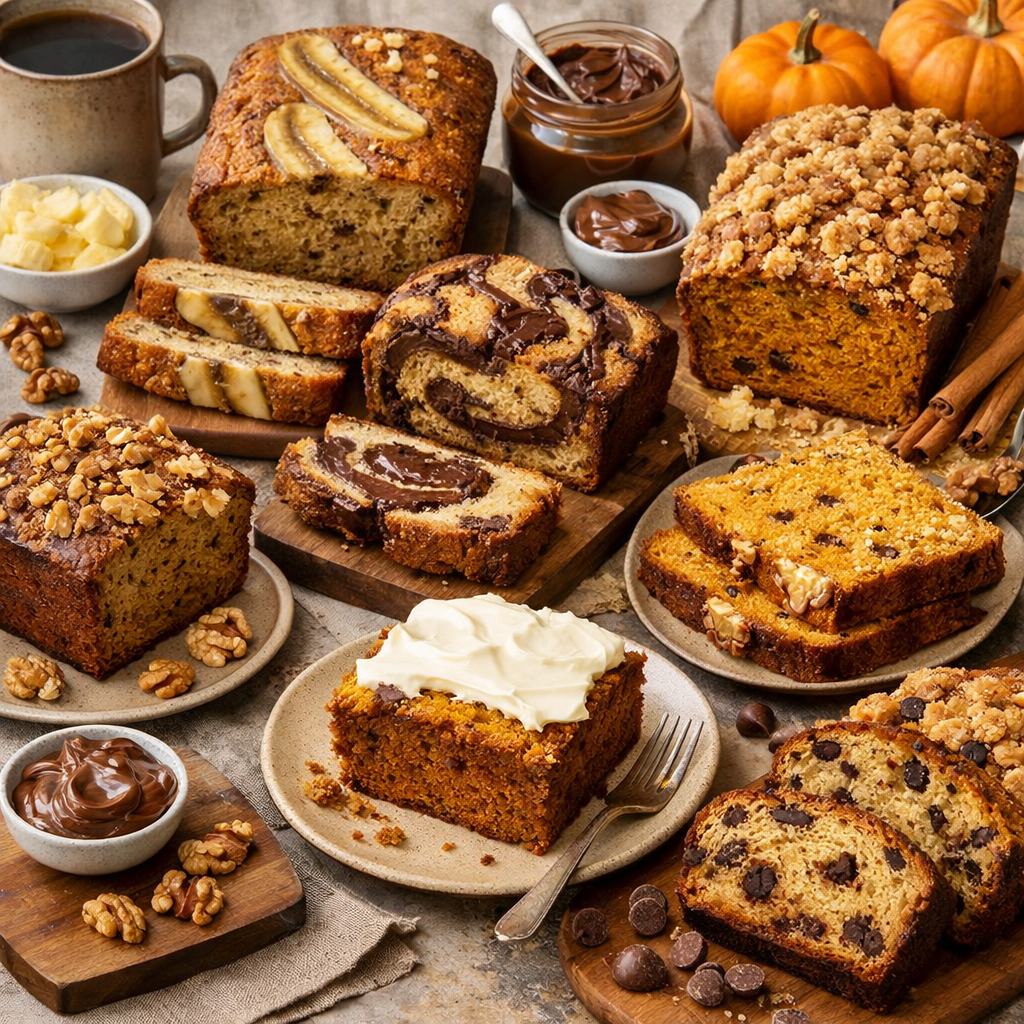 An assortment of delicious banana bread variations, including chocolate swirl, nut toppings, and more.
