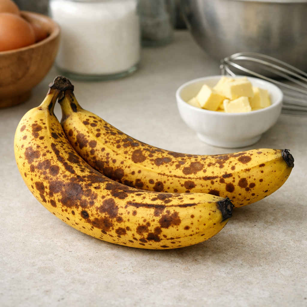 Two ripe bananas with brown spots on a countertop next to ingredients for baking.
