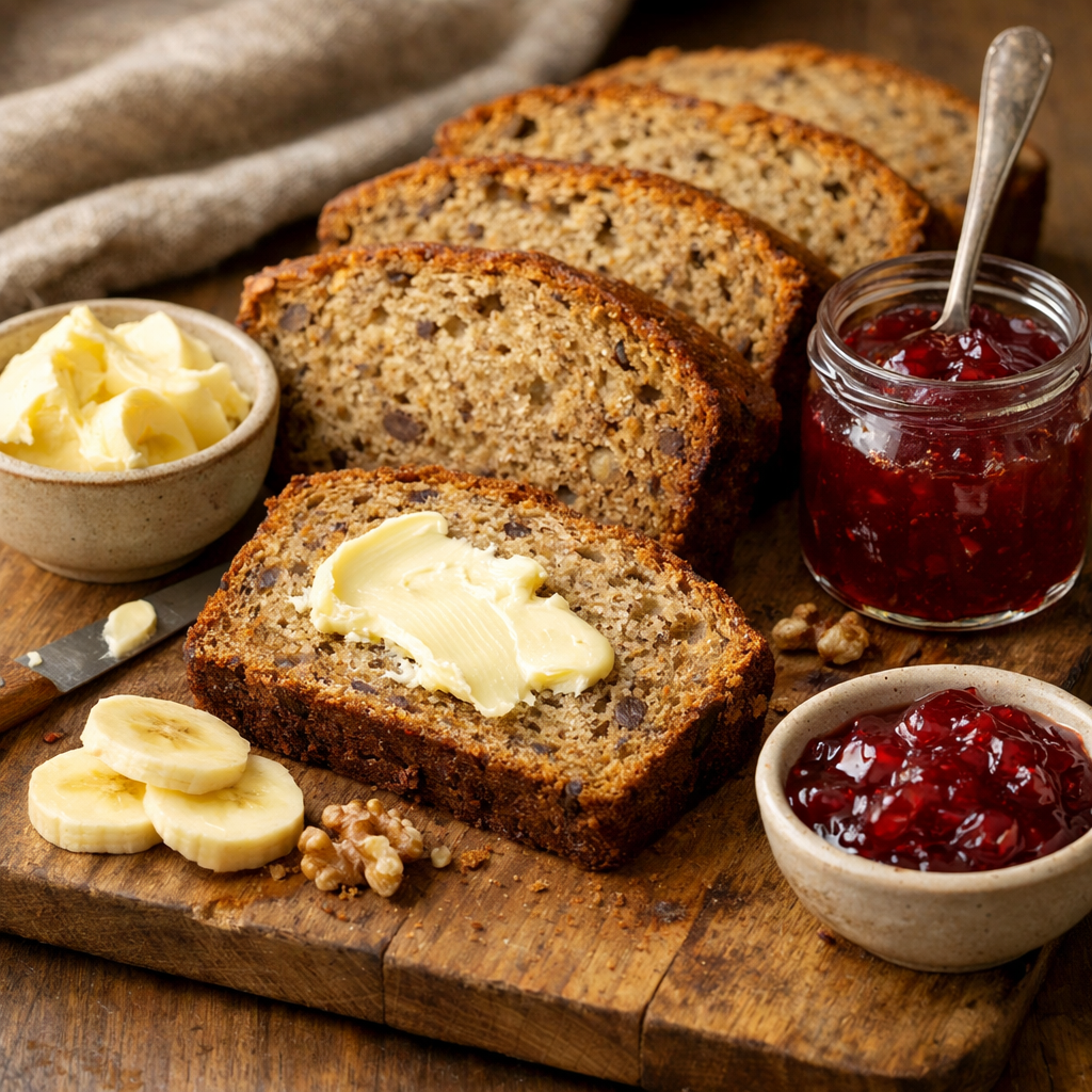 Sliced banana bread with butter, fresh bananas, and jam