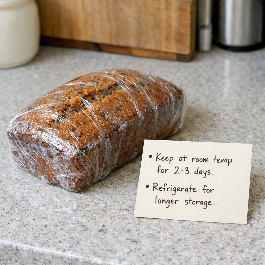 A wrapped loaf of banana bread with a note on storage instructions beside it.
