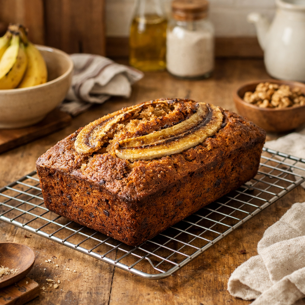 Freshly baked gluten-free banana bread cooling on a wire rack with bananas and nuts in the background.