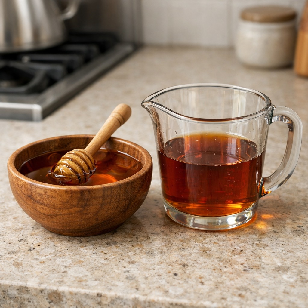 Natural sweeteners in a bowl with a drizzle of honey and syrup