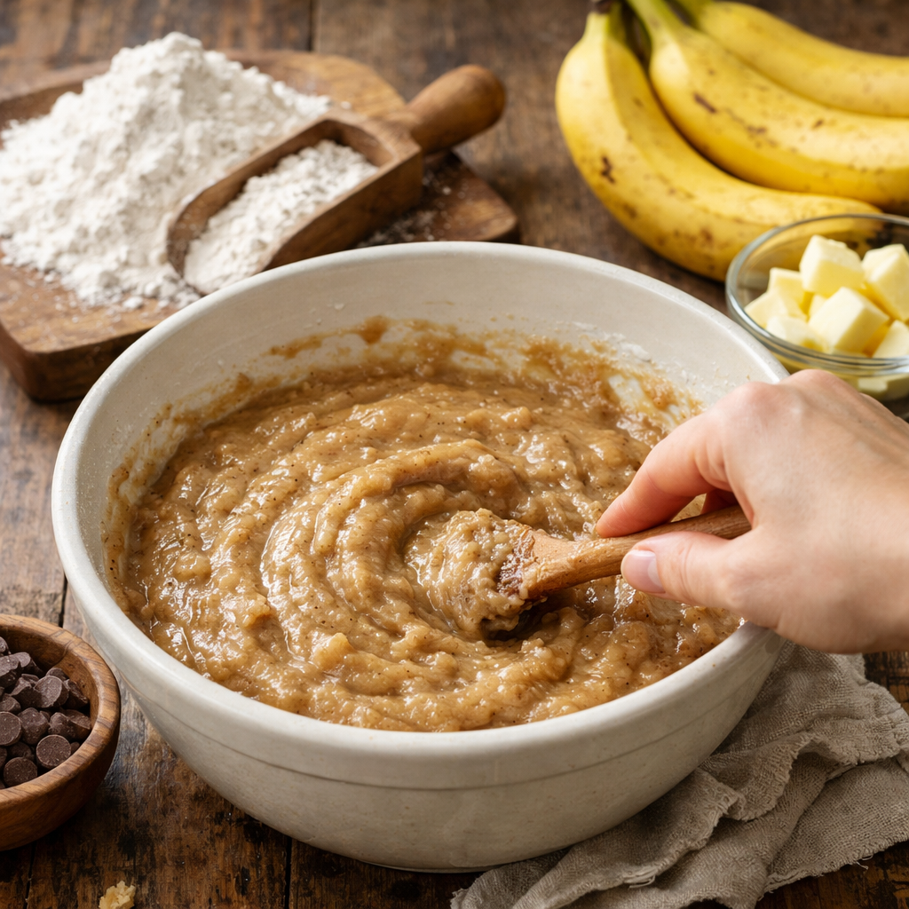 Bowl of banana bread batter being mixed with ripe bananas and ingredients around