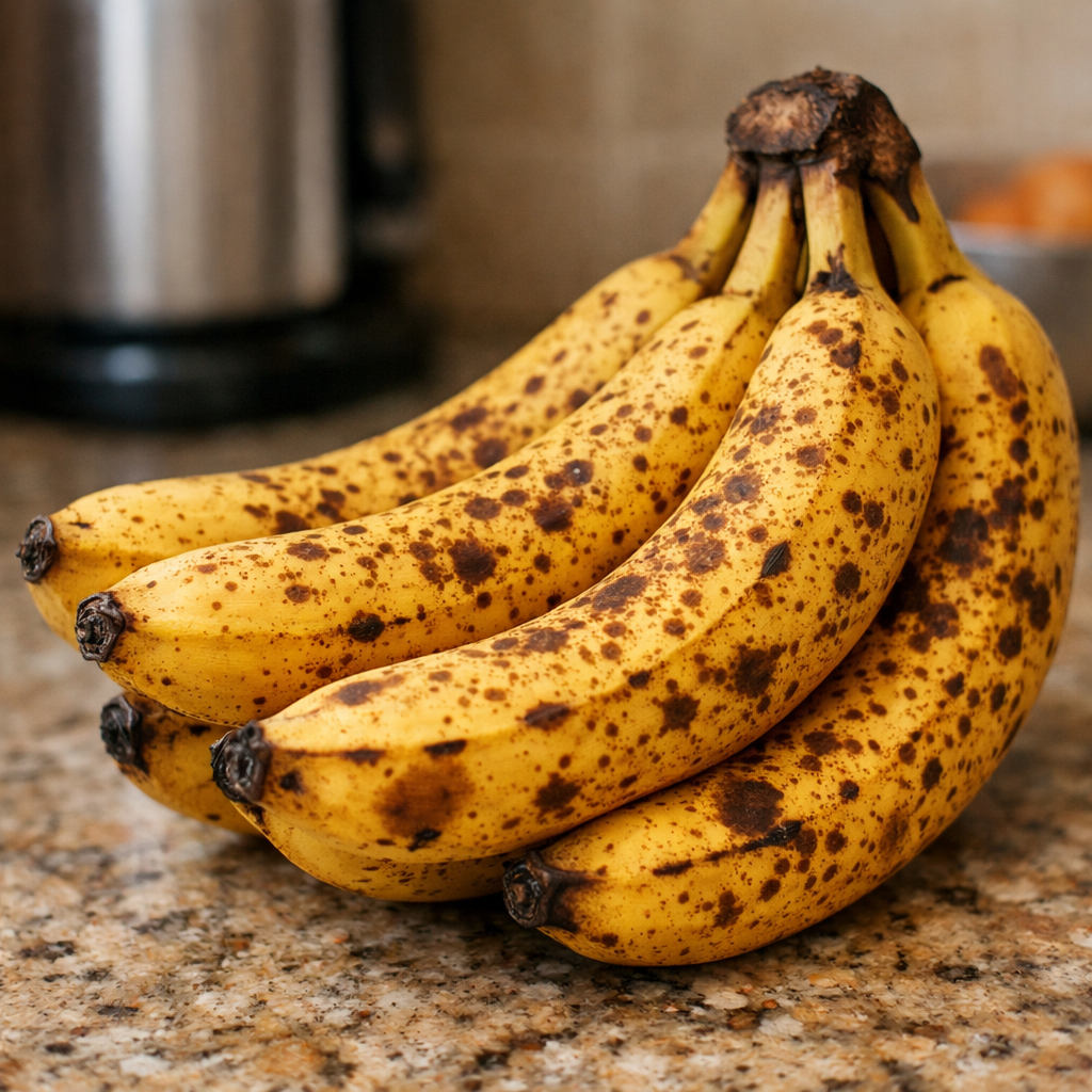A bunch of ripe bananas with brown spots on a countertop